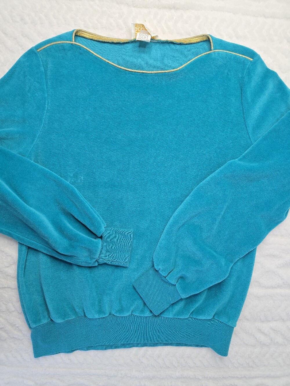Vintage It's Pure Gould Velour Aqua Blue Gold Trim Long Sleeve USA Sporty Prep L